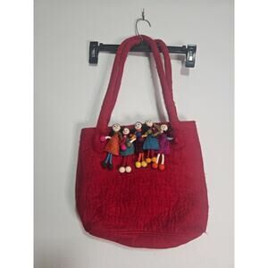 Unique Handmade Guatemalan Folk Art Applique Wool Tote Red Bag